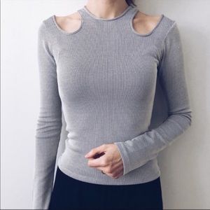 ZARA COLD SHOULDER SILVER RIBBED TOP SZ Large